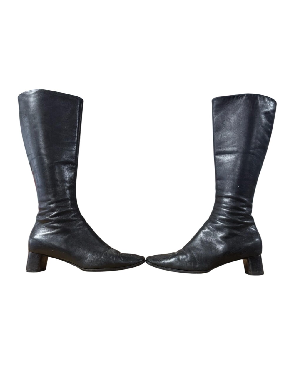 Prada Vintage Boots Womens Size 7 Black Leather Knee High Zip Square Toe Italy